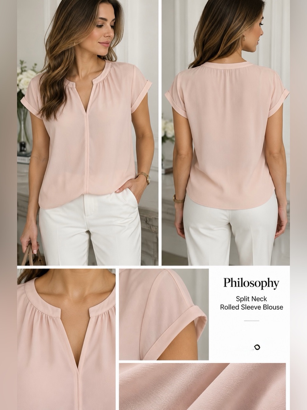 Philosophy Pale Pink Split-Neck Rolled Sleeve Blouse